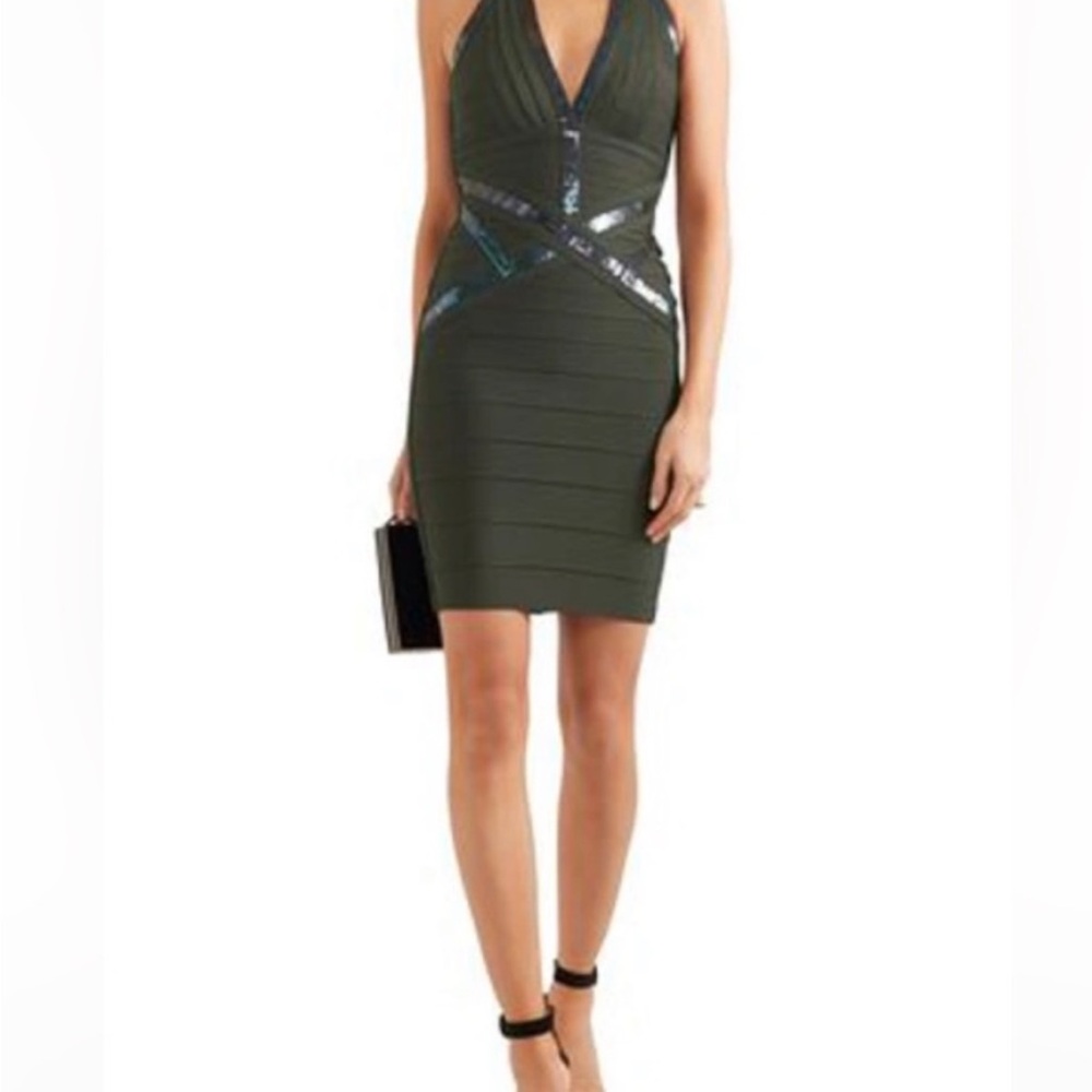 Herve Leger Dark exclusive Green Sequin Mini Dress